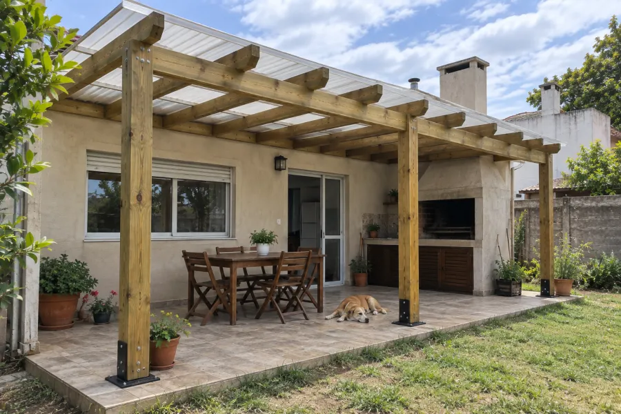 Pérgola de eucalipto con techo de policarbonato sobre el parrillero y la puerta de la cocina, casa con revoque beige