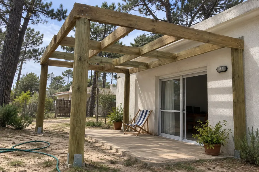 Pérgola de madera tratada en una casa de balneario entre pinos, con reposera en el patio