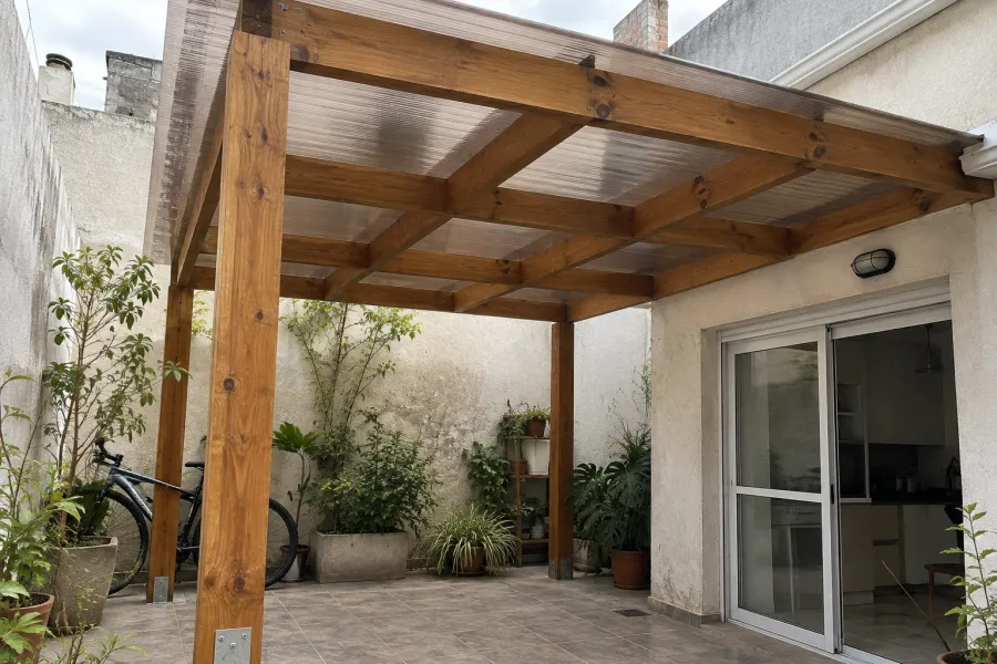 Pérgola de madera con policarbonato bronce en un patio interior rodeado de medianeras, con macetas y bicicleta