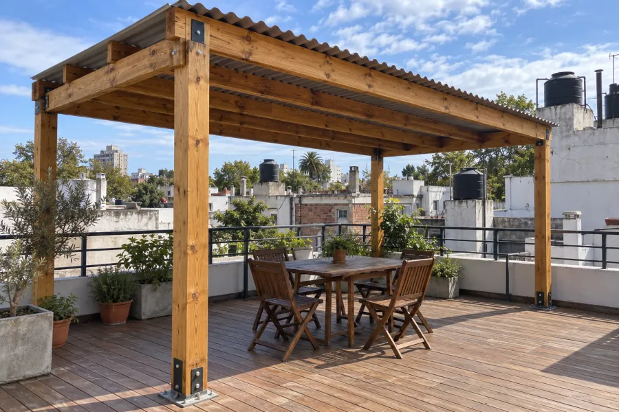 Pérgola de pino tratado con techo de chapa sobre un deck en una azotea, con baranda de hierro y tanques del barrio de fondo