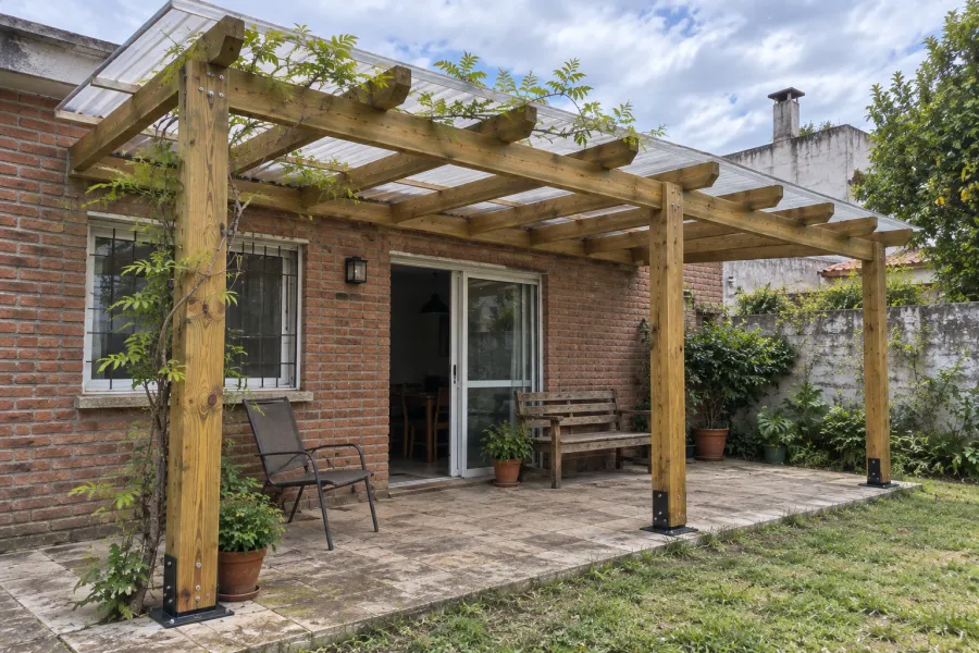 Pérgola de pino tratado adosada a una casa de ladrillo visto, con enredadera joven trepando por los postes