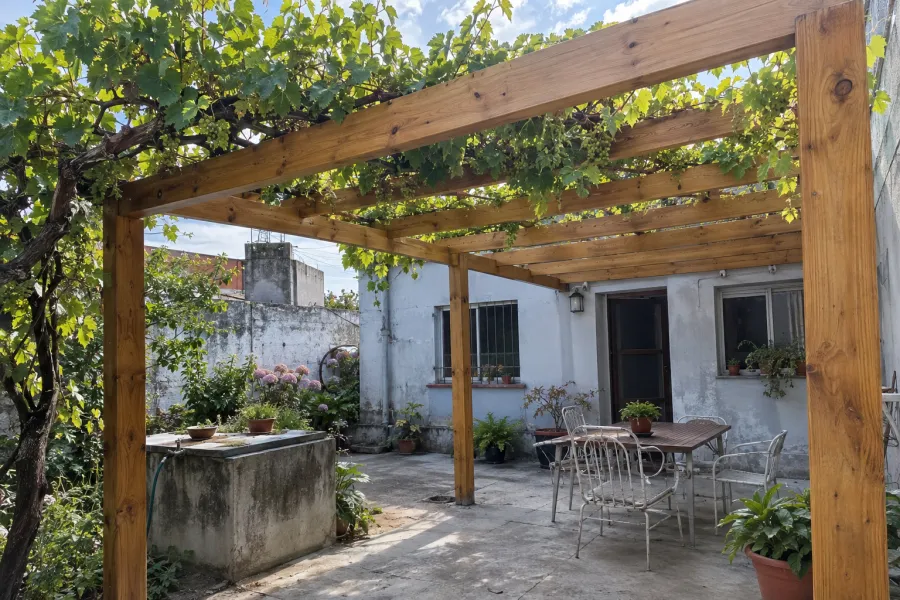 Pérgola de pino con lasur incoloro cubierta en parte por una parra de uva, piso de hormigón