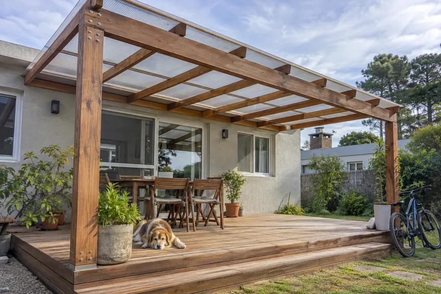 Pérgola de eucalipto con techo de policarbonato sobre un deck de madera al frente de una casa de una planta